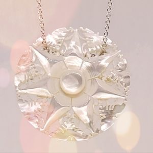 Vintage Hand Carved Mother of Pearl medallion necklace Suspended from micro